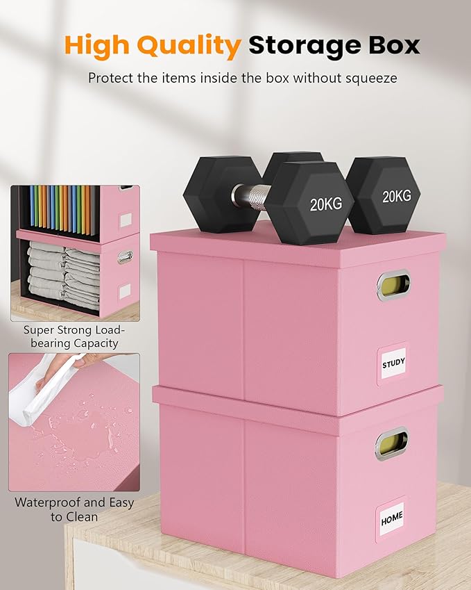 Oterri File Organizer Box,Filing Box with Lid,File Box for Letter/Legal File Folder Storage, Portable Hanging File Box for Office/Decor/Home,1 Pack, Pink(Leather),Box only