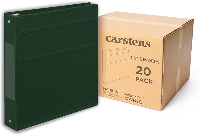 Carstens 1.5-Inch Heavy Duty 3-Ring Binder - Side Opening, Forest Green, Durable Plastic, No-Gap Rings, Waterproof Cover No Pockets, Holds 250 Letter Sheets, BPA-Free, Made in USA (2041-3R) Case of 20