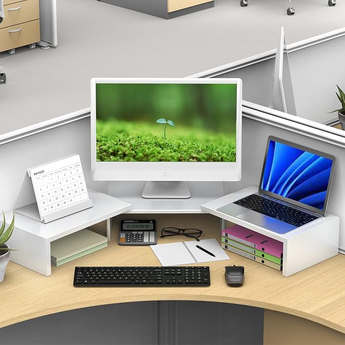 Desk Organizers and Accessories, Dual Monitor Stand Riser, Monitor Desk Shelf for Desktop Organization (White)
