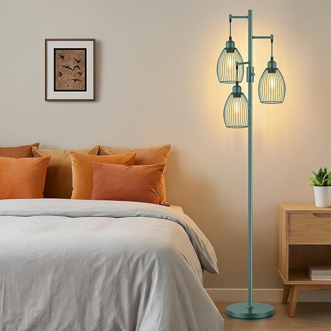 Dimmable Floor Lamp, Industrial Floor Lamps for Living Room, Green Tree Lamp Standing Lamp Tall Lamps with 3 Elegant Teardrop Cage Head & 800 Lumens LED Bulbs for Living room Bedroom Dining Room