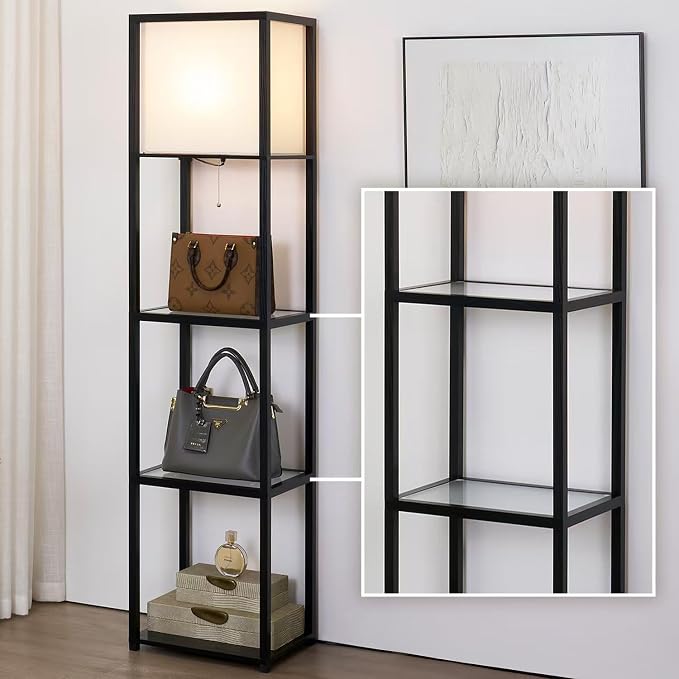 Floor Lamp with Shelves, Modern Standing Lamp with Tempered Glass Shelves, Large Display Shelf Lamp, Tall Lamp with Shelves for Living Room, Bedroom, Office, Black