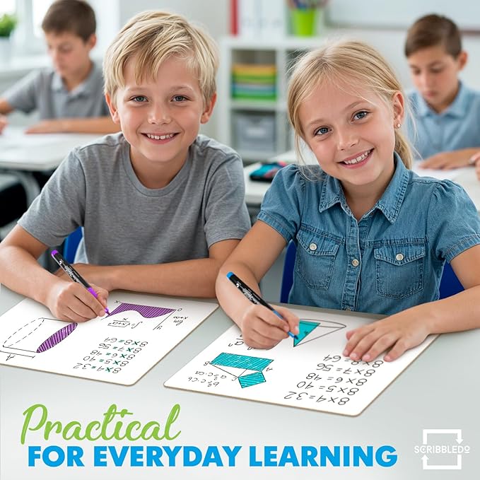 Scribbledo 6 Pack Small White Board Dry Erase Boards Classroom Pack Mini White Boards 9" x12” Personal Whiteboards for Students Teachers School Supplies Lapboards l 6 Mini Whiteboard Erasers Included