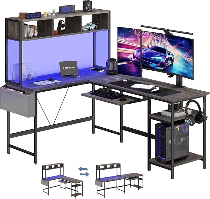 DUMOS 67" L Shaped Gaming Desk, Reversible Computer Desks with LED Lighting, Corner Desk for Compact Spaces with Keyboard Tray & Storage Shelf, Metal Frame PC Gaming Table for Home Office, Gray