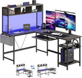 DUMOS 67" L Shaped Gaming Desk, Reversible Computer Desks with LED Lighting, Corner Desk for Compact Spaces with Keyboard Tray & Storage Shelf, Metal Frame PC Gaming Table for Home Office, Gray
