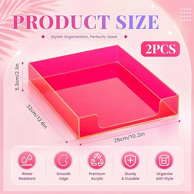Neon Pink Acrylic Letter Tray 2 Pcs 12.6 x 10.2 x 2.1'' Paper Tray Organizer Stackable Desk Supplies with Non Slip Rubber for Office Accessories Desk File Document Folder