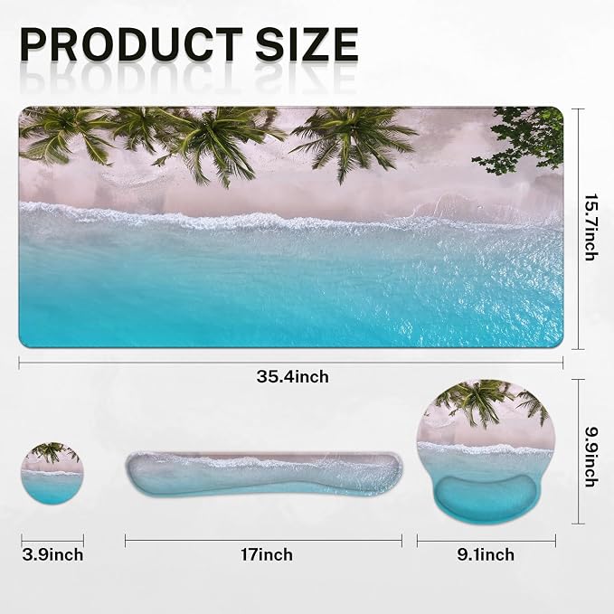 Keyboard Mouse Pad Set, 4 in 1 Desk Mat Set, Ocean Beach Blue | Turquoise Summer Large Mousepad+Keyboard Wrist Rest+Mouse Wrist Rest+Coaster Ergonomic Design for Home Office Computer