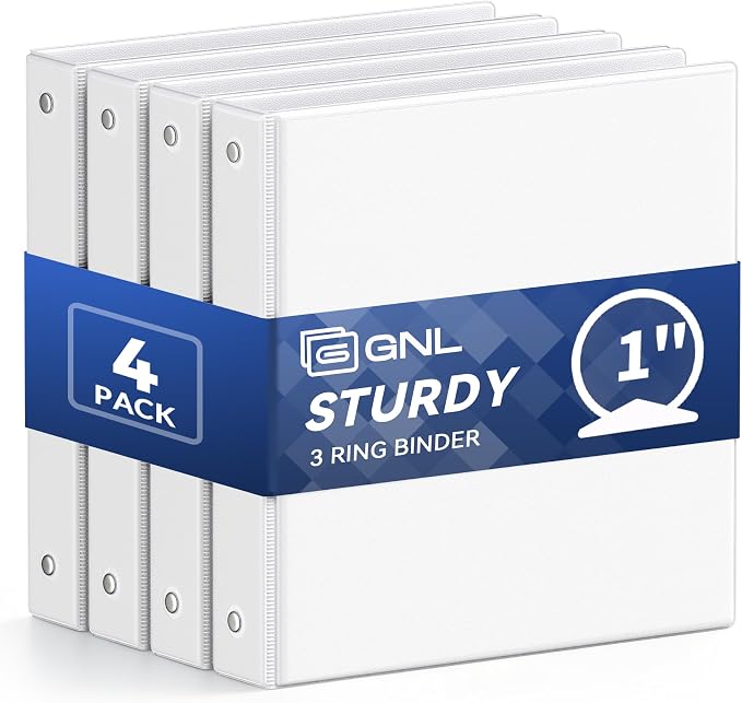 GNL 3 Ring Binders 1 Inch Economy 4 Packs White, 1" Three Ring (Fits 175 Sheets of 8.5x11 Paper) Clear View PVC-Free & Non-Stick for School or Office Supplies