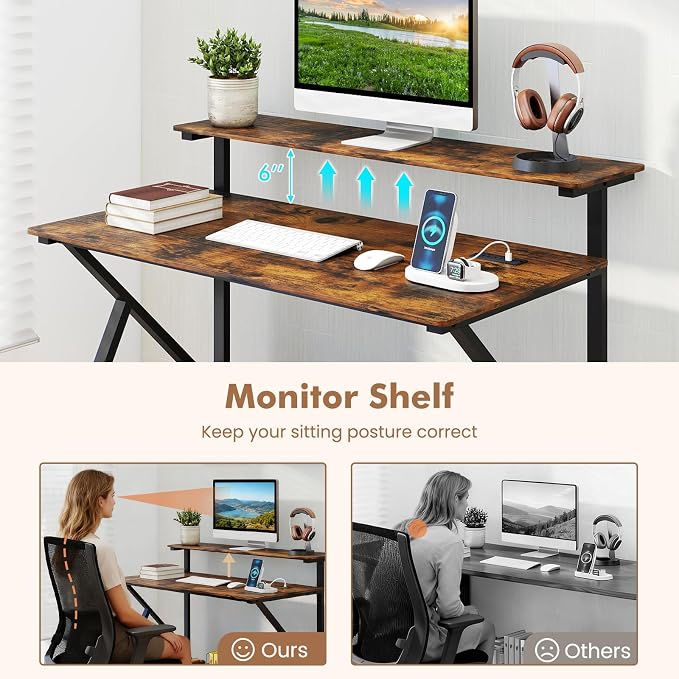 Giantex Rolling Computer Desk with Charging Station, Mobile Portable Laptop Desk with Monitor Stand & Storage Shelf, Small Desk with Lockable Wheels for Small Spaces, Home Office (Rustic Brown)