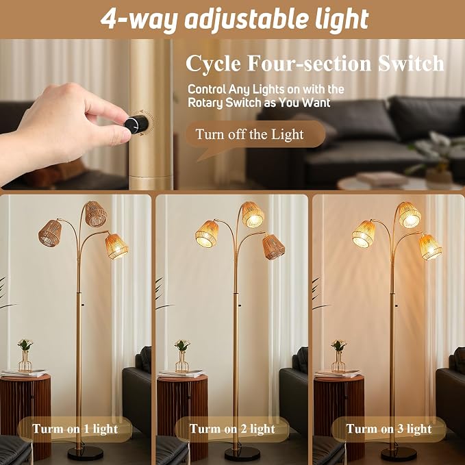 Gold Rattan Floor Lamp for Living Room, 72'' 3-Light Boho Lamp | Heavy Natural Marble Base, 1/2/3-Light Rotary Switch, Wicker Shades for Reading Corners Bedrooms