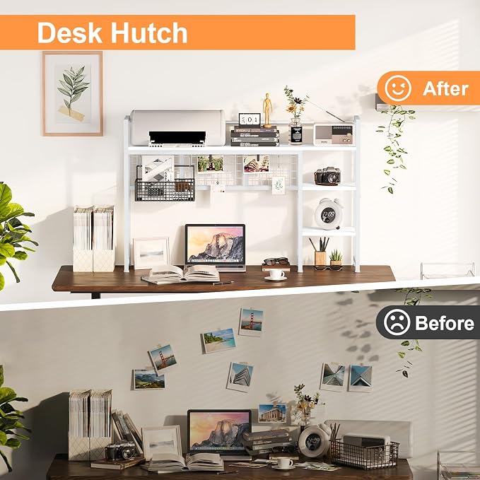 Snughome Desk Shelf, 44.9" Desktop Organizer Shelf, Desk Hutch for Computer Monitor, 4 Tier Desk Display Rack with Pegboard Hooks Set, Wood Desktop Bookshelf for Home Office Dorm