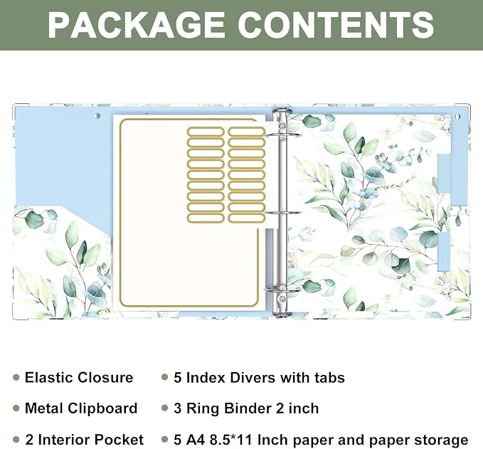 Rouidr 3 Ring Binder, 2 Inch Round Ring Binder Organizer with Clipboard, 5 Dividers Tabs, A4 8.5 x 11 Inch Paper & Clear Sleeves for School, Office Supplies, Eucalyptus Leaf