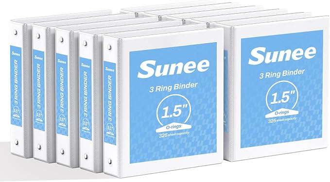 SUNEE 3 Ring Binders 1.5 Inch 10 Pack, Clear View Binders Three Ring PVC-Free (Fit 8.5x11 Inches) for School or Office Supplies, White