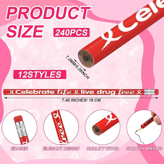 Tenceur 240 Pcs Red Ribbon Week Pencils Awareness Month Supplies 12 Designs Drug Free with Erasers for Teacher Office Volunteer Fundraising Charity Activity
