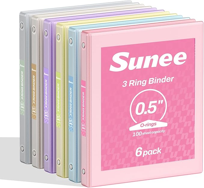SUNEE 1/2 Inch Binders 3 Ring 6 Pack, 3 Ring Binders Clear View PVC-Free Bulk (Fit 8.5x11 Inches) for School or Office Supplies, Pastel Binder
