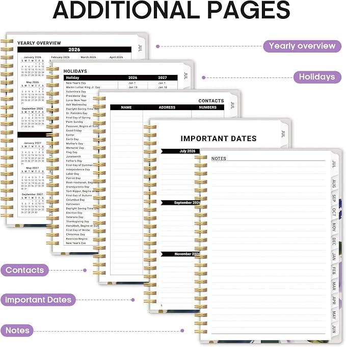 Planner 2026-2027, Monthly & Weekly Jul 2026-Jun 2027 Calendar Book | 6.3" x 8.5", Hardcover Spiral Planner with Tabs, School & Daily Pretty Agenda for Women, Students, Teachers, Violet Petals