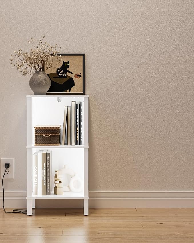 Bookshelf with LED Lights, Modern 2-Tier Bookcase, Open Storage Book Shelf, 11 × 14.2 × 27.4 Inches, Small Narrow Bookshelves for Living Room, Home Office, Bedroom, White