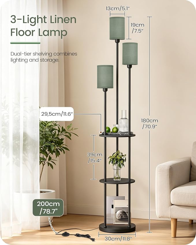 Floor Lamp with Shelves, Modern Floor Lamp with 3 Linen Shades and Foot Switch, 3-Light Standing Lamp, for Living Room, Bedroom, Study, Office, Black and Green J53LD05