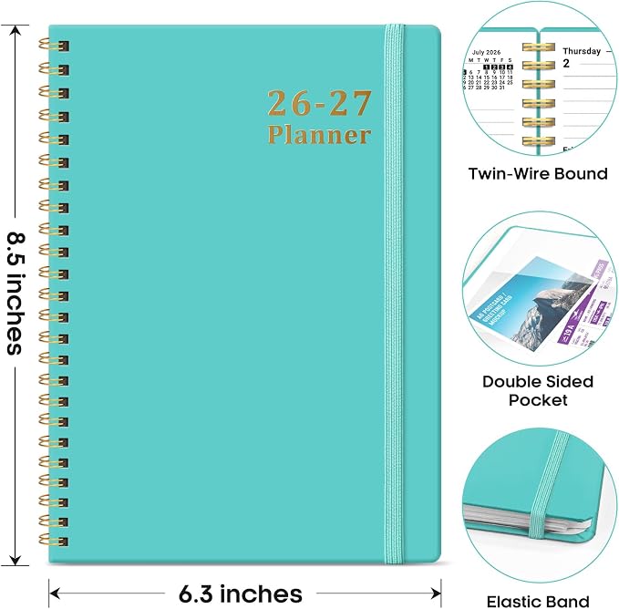 Taja Planner 2026-2027, 6.3" x 8.5" Calendar Planner, Jul 2026-Jun 2027 | A5 Hardcover Weekly & Monthly Academic Year Planner, Large Planning Agenda With Tabs, School & Office Supplies, Aquamarine