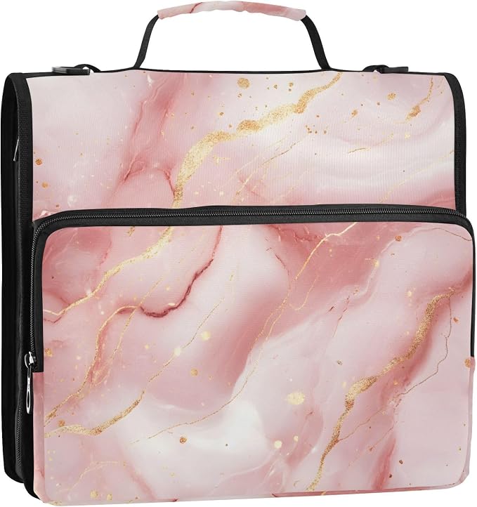 Pink Marble Zipper Binder 3 Ring Binder with Shoulder Strap 500 Sheet Capacity Storage Organizer Trapper Keeper File Folder