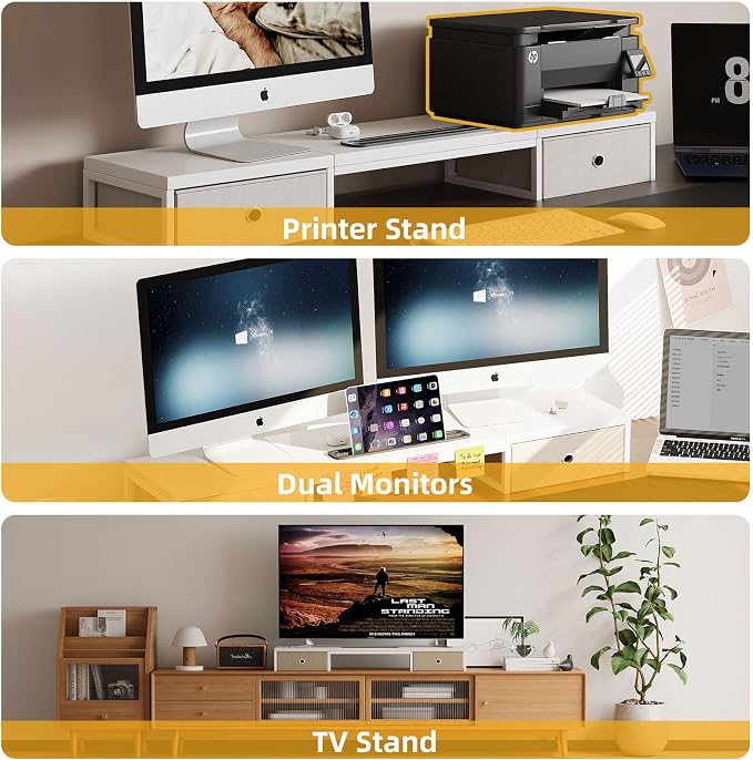 39 Inch Dual Monitor Stand Riser with 2 Drawers - Large White Wooden Computer Stand for 2 Monitors, Ergonomic Desk Organizer with Phone Holder, Desktop Storage for Laptop, Office Supplies, Home Office