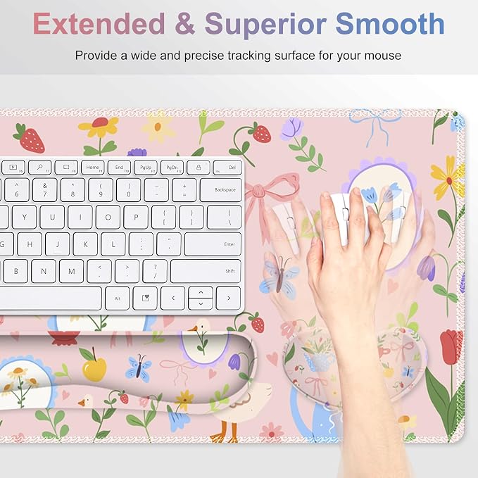 Large Gaming Mouse Pad Set, Adorable Style 4 in1 Ergonomics Keyboard Desk Mat with Memory Foam Wrist Rest, Extended Game Mousepad, Non-Slip Desk Pad Matt Easy Typing Pain Relief I Pink Girly