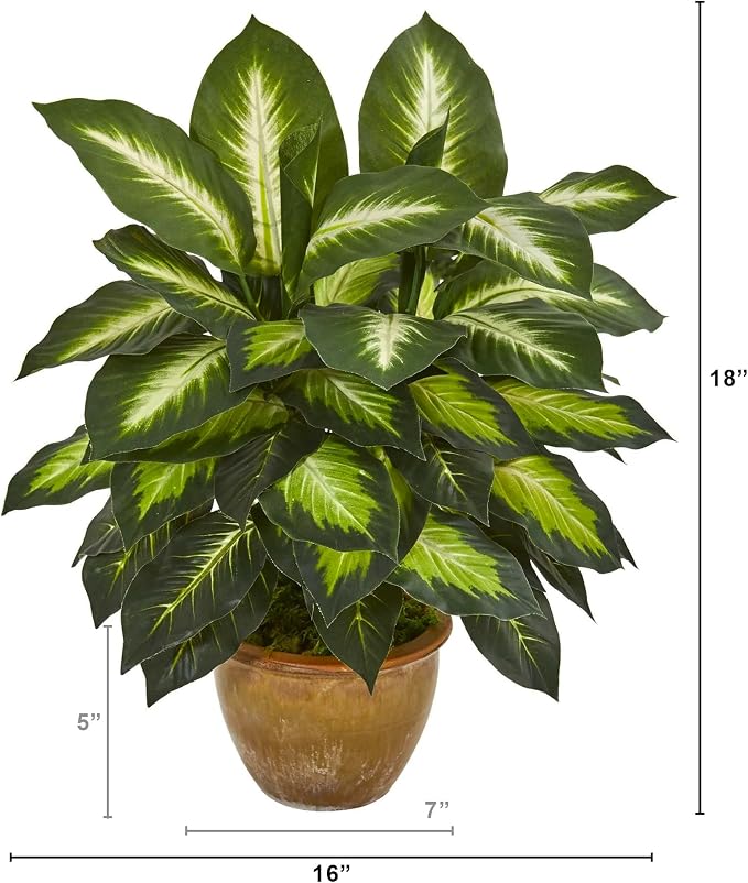 Nearly Natural 18 in Artificial Dieffenbachia Plant in Ceramic Planter | Lush Variegated Leaves, Maintenance-Free Faux Greenery, Realistic-Looking Indoor Home Decor Accent