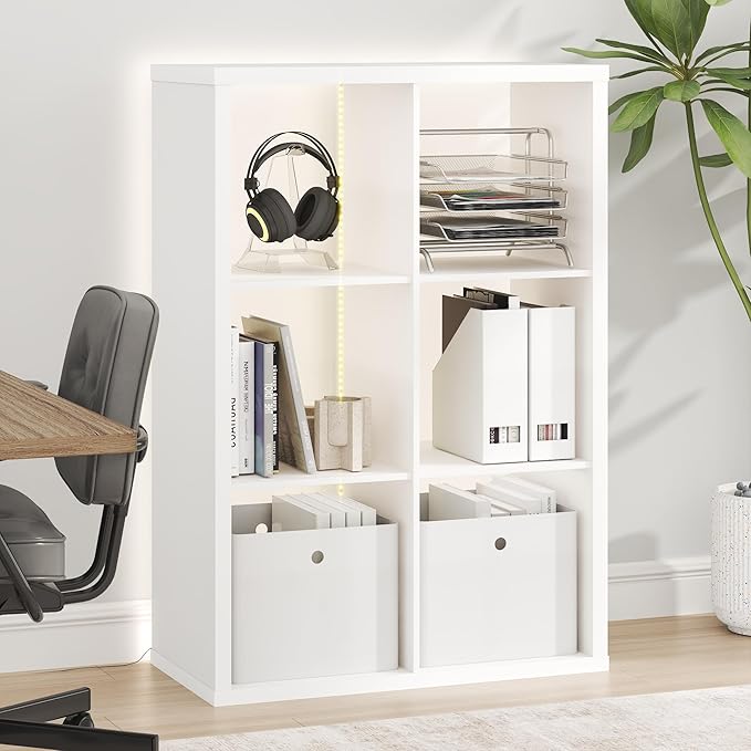 Furinno Cubicle Book Shelf with LED Lights, 6-Cube Bookshelf, Reversible Extra Thick Frame Bookcase, Display Storage Shelves, for Living Room, Bedroom, Home Office, White