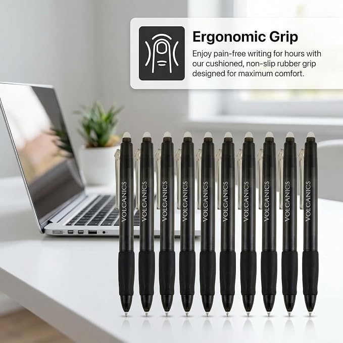 Volcanics Retractable Erasable Gel Pens, Soft Black, 0.7mm, 12 Pack
