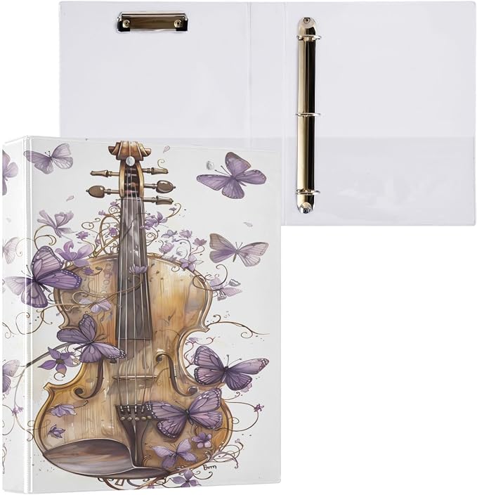 3 Ring Binder Violin Butterfly Music 1.5 inch Binders Three Ring Binders with Clipboard Fit 8.5'' x 11'' Paper 3 Interior PVC Clear Pockets for Office Supplies