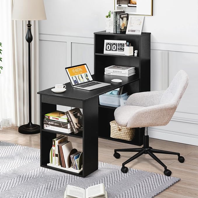 COSTWAY Computer Desk with Shelves, 48” Study Writing Desk with 6-Tier Storage Shelves, Reversible Study Workstation w/Wide Base for Home, Office & Dorm, Easy Assembly