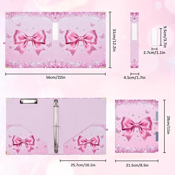1 Inch 3 Ring Binder with Clipboard, Cute Binder Pink Bow Design, Holds 200 Sheets A4 Letter, Inside Pockets & 5 Tab Dividers, Pretty Classic Pink Binder for School Office Supplies(Pink Diamond Bow)