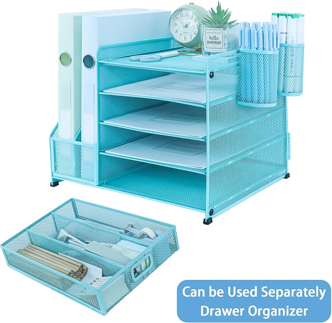 Desk Organiser with 2 Pack Magazine File Holder, 5-Tier Paper Tray Organiser with Drawer and 2 Pen Holder, Letter Tray Multifunctional for Office, School, Home - Blue