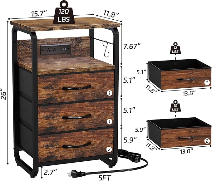 runjuly End Table with LED Light, Charging Station, and Hooks, Rustic Brown | 3 Fabric Drawers Storage, Type C & USB Ports & Power Outlets, Industrial Wood, Small Nightstand for Living Room / Bedroom