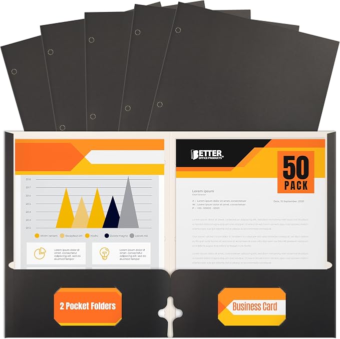 Better Office Products Two Pocket Portfolio Folders, 50-Pack, Black, Letter Size Paper Folders, 50 Pieces, Black