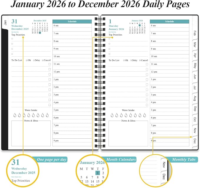 Daily Planner 2026 Full Page Per Day- 2026 Daily & Monthly Planner from January 2026 to December 2026, Day Planner 2026 with 12 Months Tabs, 6.4" x 8,5", Black