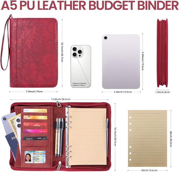 A5 Binder 6 Ring with Zipper, Portable Planner for Travel & Study | Faux leather A5 planner with detachable 6 rings, lined pages, pouches, card slots and pen holder for daily use.