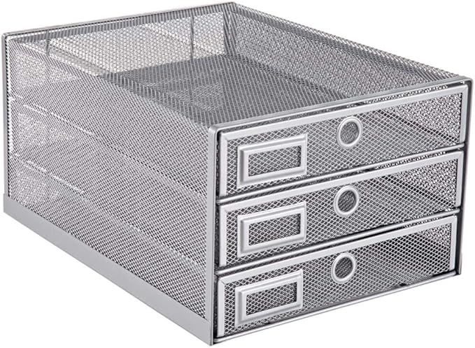 Annova Desk Organizer Wire Mesh 3 Tier Sliding Drawers Paper Sorter/Multifunctional/Premium Solid Construction for Letters, Documents, Mail, Files, Paper, Kids' Art Supplies (Silver)