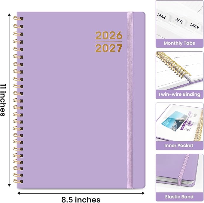 Taja Planner 2026-2027, Jul 2026-Jun 2027 Monthly & Weekly Calendar Book | 8.5" x 11", Hardcover Academic Calendar with Tabs, Teacher Student Agenda Book for School Office Supplies - Lilac Purple