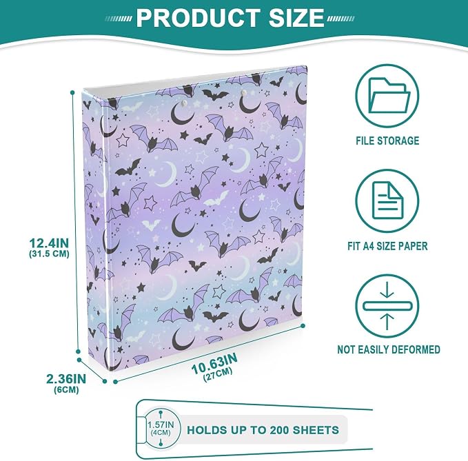 3 Ring Binder 1.5 in Recipe Binders 2 Pcs Pastel Goth Bat | Decorative Client Records with Clip 3 Clear Interior Pockets for 200 Sheets Letter-Size(11" x 8.5") Paper PVC Cover Folder