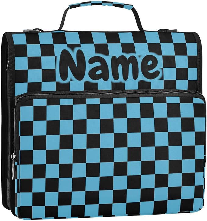 Custom Black Blue Checkered Pattern 3 Ring Binder Bag 1.5 inch Personalized Name Binder Organizer 500 Sheet Documents Storage for School Office