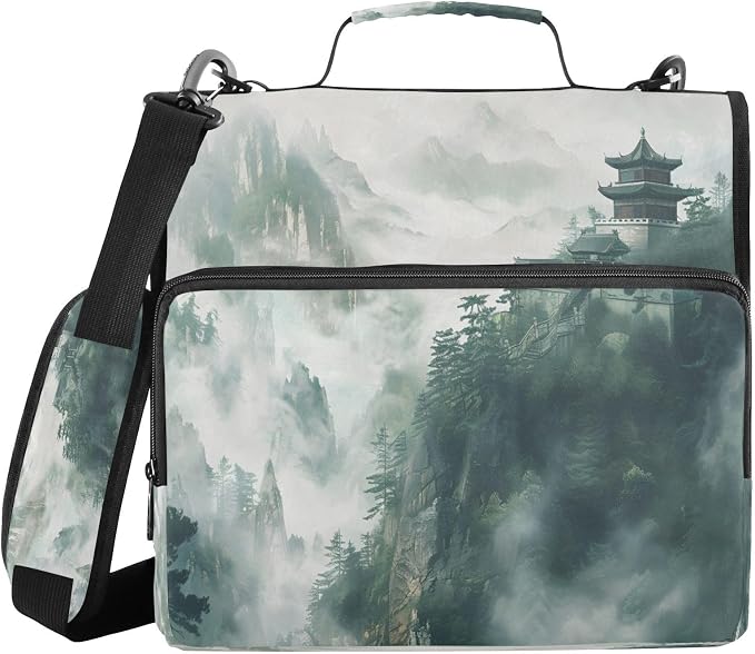 Ancient China Mountain Scene Zipper Binder 3 Ring with Handle and Shoulder Strap, 500 Sheet Binder Organizer Capacity & Multi-Pockets for School Office