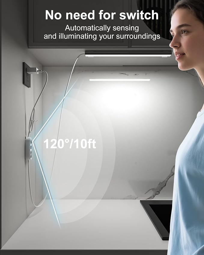 ASOKO Motion Sensor LED Under Counter Light 14.5in 3 Color | ASOKO 14.5" Motion Sensor Under Cabinet LED Light, 3 Color Changing Plug in Counter Bar for Kitchen Desk