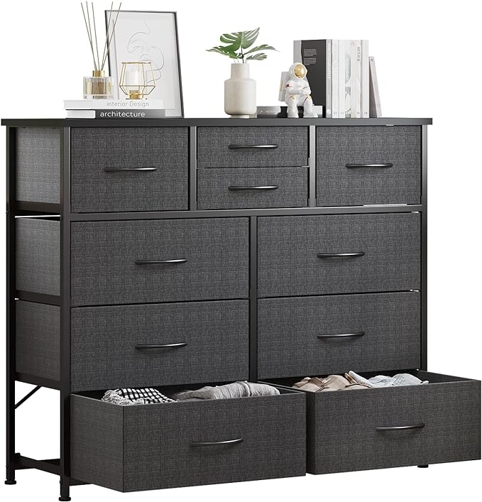LUMTOK 10-Drawer Dresser, Fabric Storage Dressers for Bedroom, Hallway, Nursery, Closets, Steel Frame, Wood Top, Easy Pull Handle (Grey)