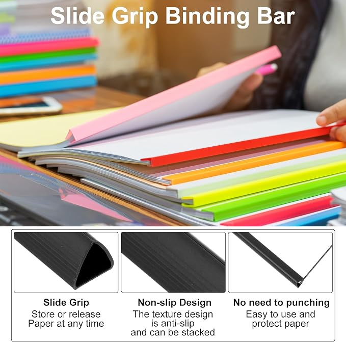 PATIKIL 100Pcs Binding Bars, 10mm Binding Bars Slide Grip 70 Sheets Capacity A4 Size Report Binder Triangle Presentation Binder for Report Cover Resume, Black