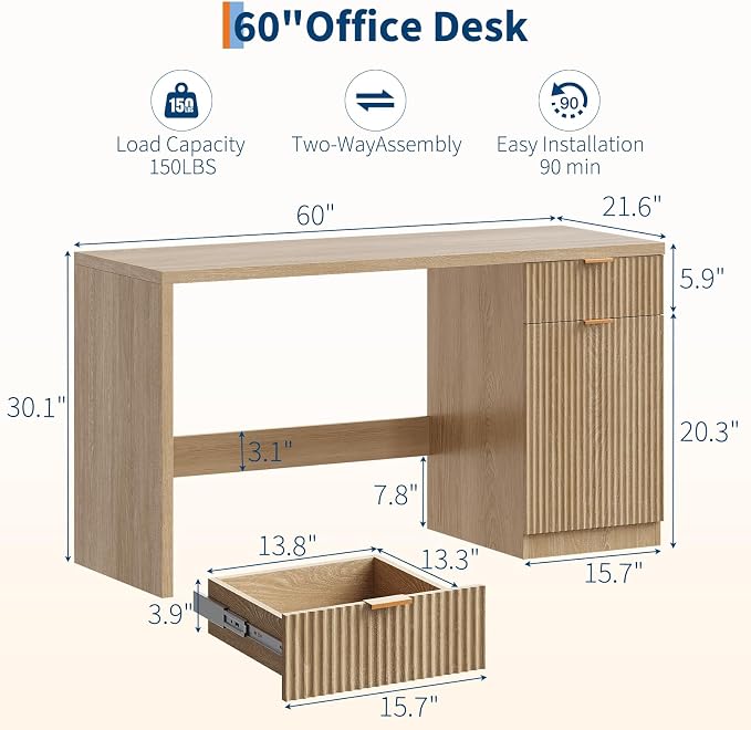 IDEALHOUSE Fluted Executive Desk with Drawers, 60" Modern Home Office Desk | with Storage Cabinet, Wood Fluted Computer Desks Workstation for Working, Studying, Writing, Natural Oak