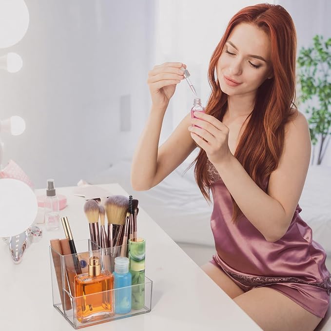 12 Pcs Acrylic Pencil Holder with 3 Compartments, Clear Desktop Pen and Sticky Note Holder Makeup Brush Organizer Cup for Desk Home Vanity Office Classroom Stationery Supplies