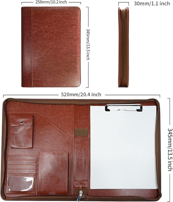 WRIYES Zippered Padfolio Organizer, 10.2 Inch Portfolio Folder, Brown | Leather Planner Binder, For Documents, Letter Size, Business Card Holder, For Men & Women