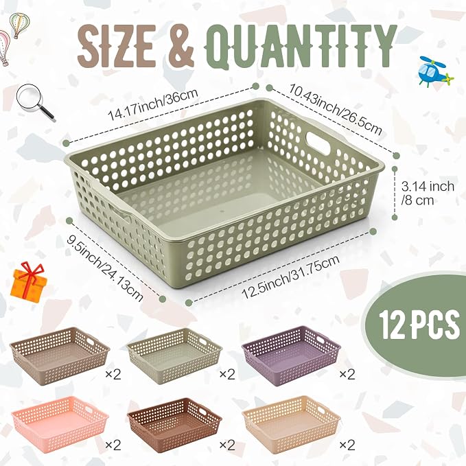 Geetery 12 Pack Classroom Storage Baskets with Handle,Terrazzo Color | 14''x10'' Paper Tray Holds A4 Turn in Trays Plastic Paper Baskets Desk Organizer Bin for Classroom, Library, Office, Home