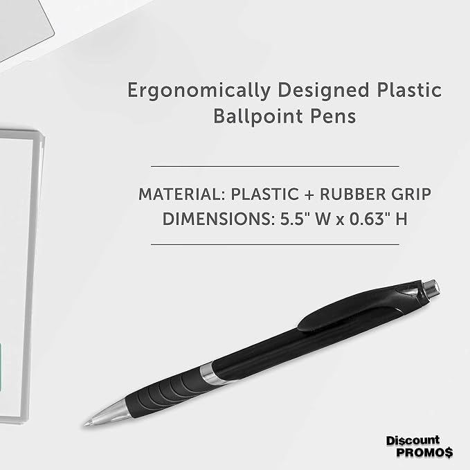 DISCOUNT PROMOS Ballpoint Pens With Rubber Grip - 10 pack - Black Ink Ball Point Pen with Soft Touch Plastic - Black