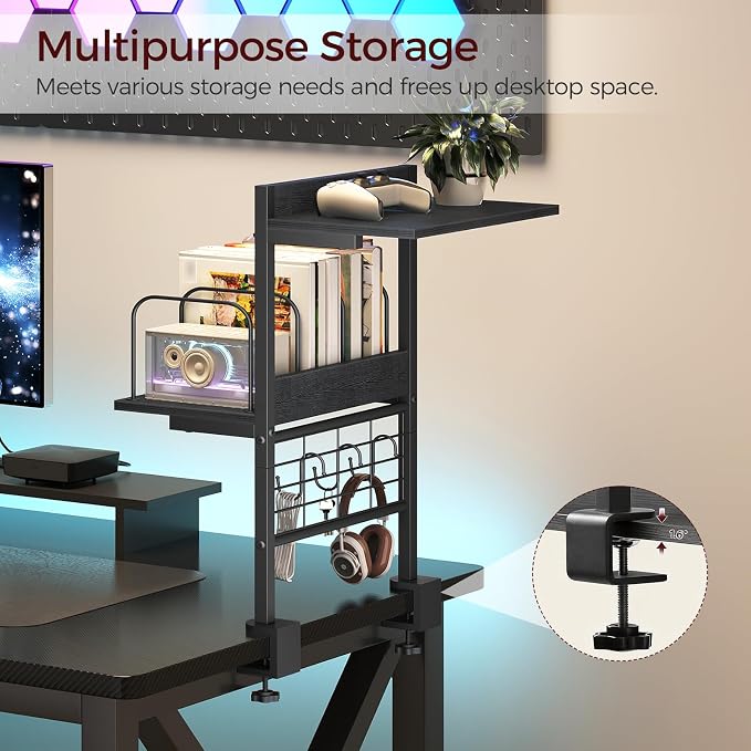 MAHANCRIS Clamp on Desk Shelf, 2 Tier Desk Storage Organizer, Desktop Bookshelf with Hooks and Divider, Desk Accessories for Study and Gaming Room, Black DSBK4501